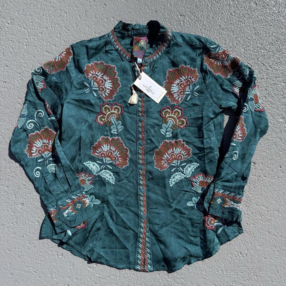 Johnny Was Simone Floral-Embroidered Cupro Blouse Torquoise Women's Small $295